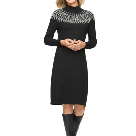 Talbots Women's Sweater Dress Sz L Black Fair Isle Nordic Mockneck Long Sleeve - Picture 1 of 10